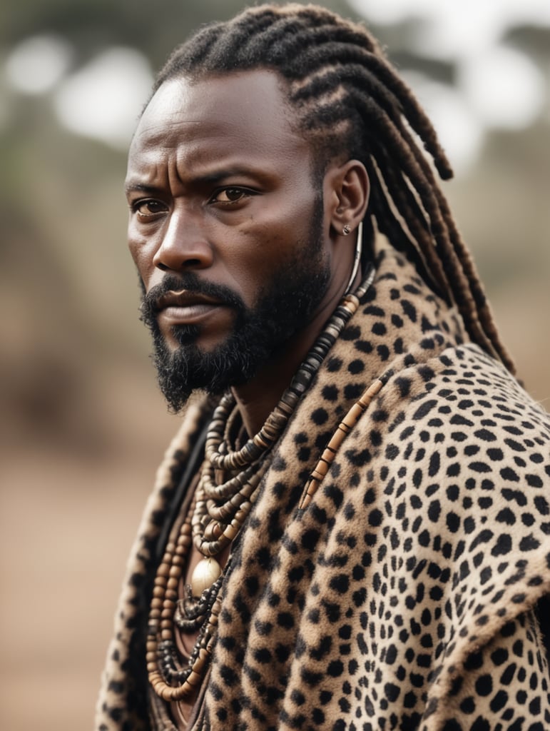 A Kenyan tribal warrior with dreadlocks and beard. Wearing a leopard skin poncho. He is strong and calm.