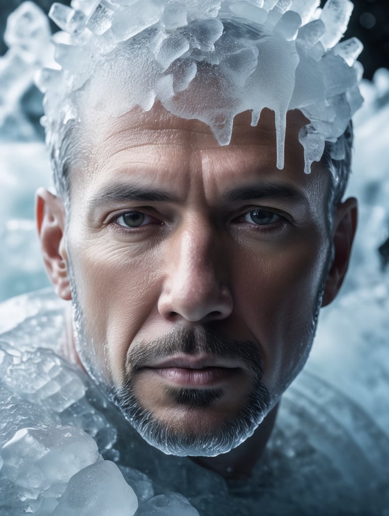 Portrait of a Translucent man made from the ice, organs are visible through the ice