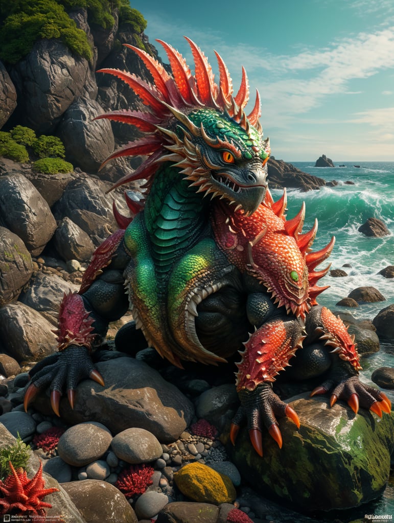 a colorful sea creature sitting on rocks, in the style of light red and light emerald, photographic source, sumatraism, elaborate costumes, bugcore, webcam photography, national geographic photo