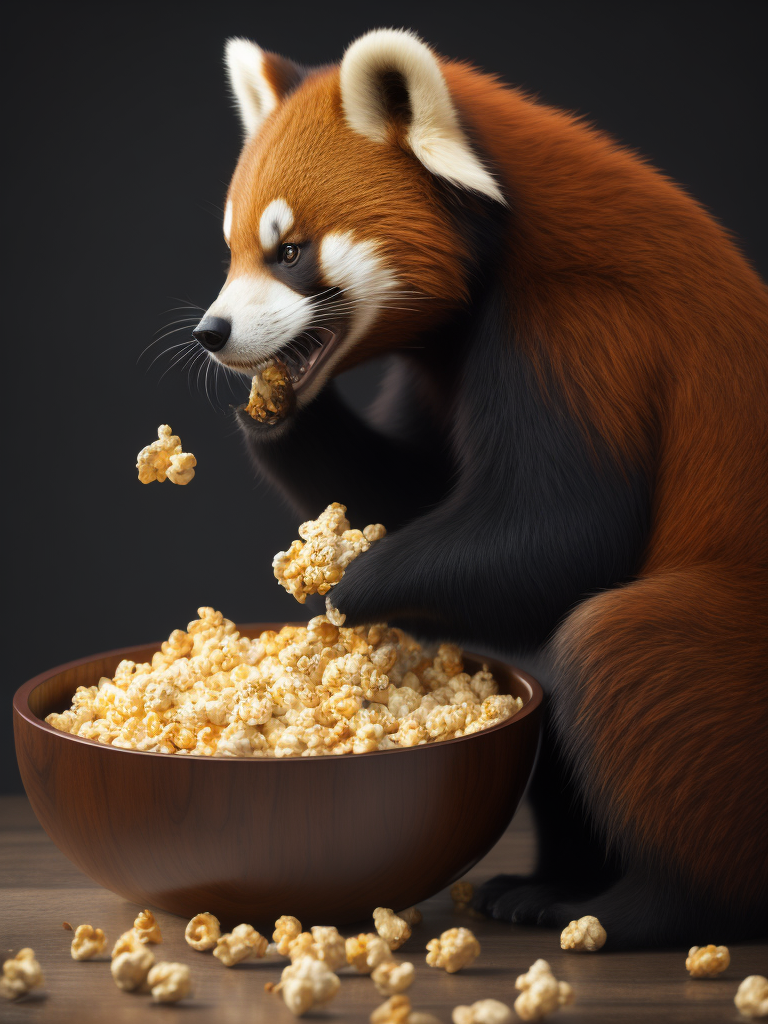 red panda eating a big bowl of movie popcorn