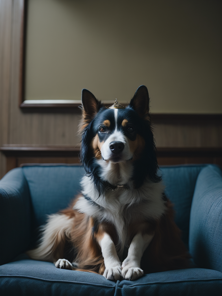 Dog wearing a crown sitting on a sofa