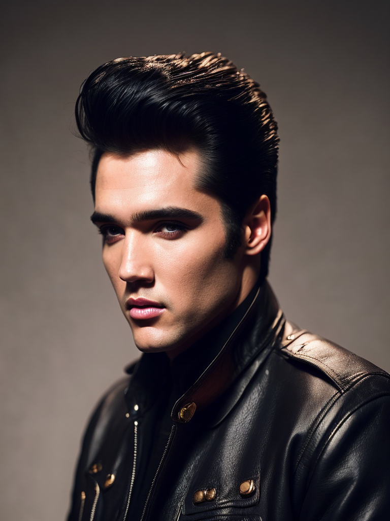 Portrait of Elvis Presley wearing a black leather jacket, studio photo, professional photo, Bright and rich colors, Detailed image, detailed face