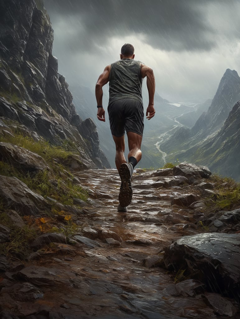 runner on a rainy mountain, lower view angle, full body