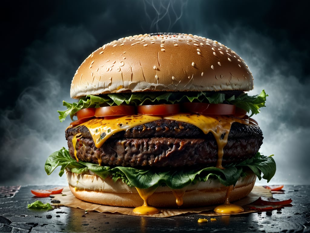 an appetizing burger with lettuce, tomato and melted cheese, ultra hd, isolated, hyper realistic, detailed,