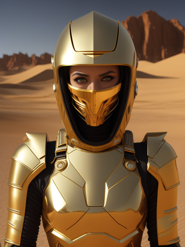 Cyber girl wearing gold chrome helmet, shining reflections, walking in the desert, photorealistic, hyper-detailed, dune atmosphere