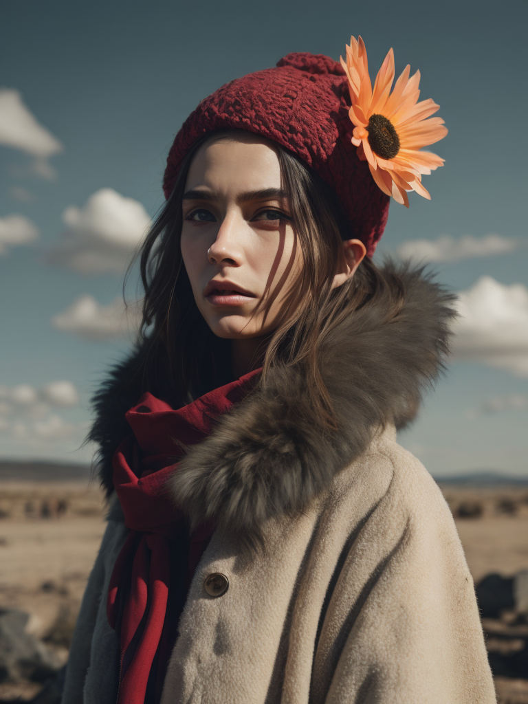 A close-up of a very young girl model, a simple-minded look directed at the sky, dressed in a fur coat, colorful coat, the coat depicts flowers, a scarf on her head, elegant pose, blue sky, summer, large strokes of oil paint, calm muted color, grainy,