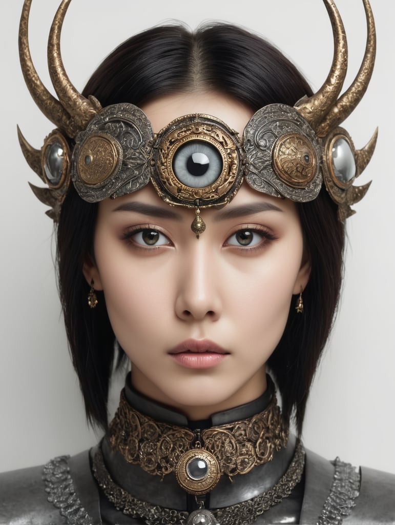 The image features a person with a large eye on their face, giving them an unusual appearance. The eye is positioned in the center of their forehead and appears to be made of metal. The person has a necklace around their neck, adding to their unique look. The background of the image consists of a white wall, which contrasts well with the darker tones of the person's face.