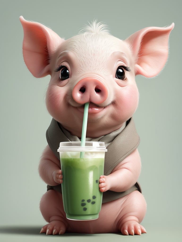 A cute pig drinking boba