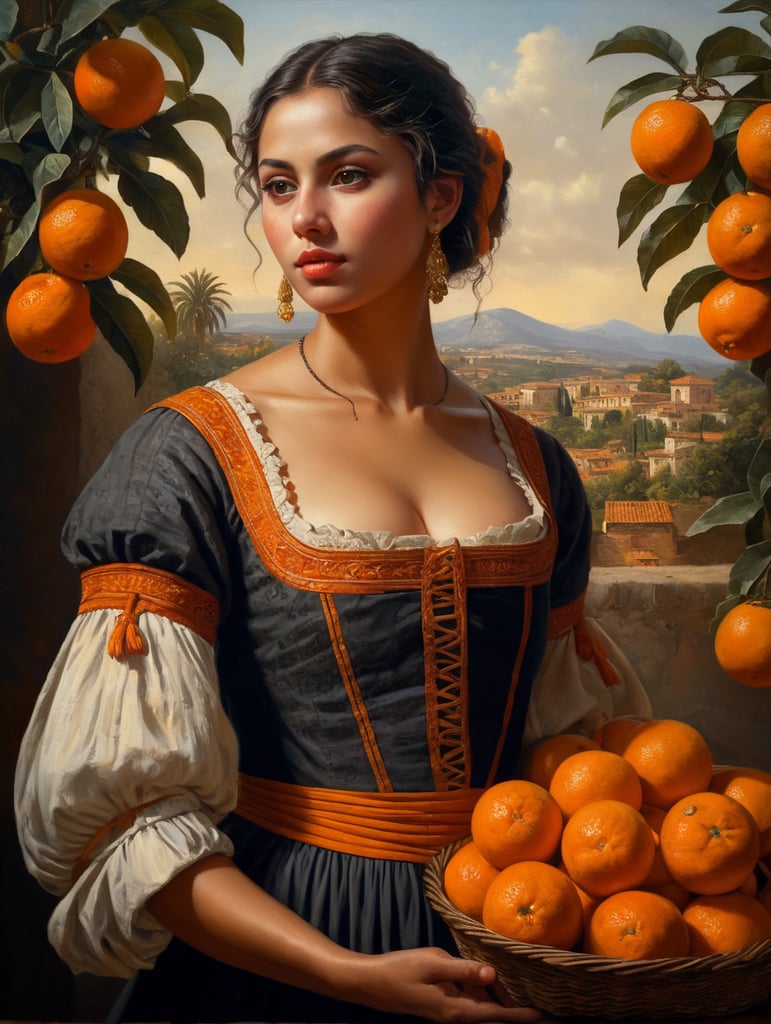Oil painting on canvas. Portrait of a young, dark and beautiful Italian girl growing oranges from Sicily in 17th century Italian folk peasant clothing with a plunging neckline and full breasts, dramatic lighting, depth of field, orange trees in the background. Oranges should have a beautiful, even structure. Incredibly high detail holding fresh oranges in hand