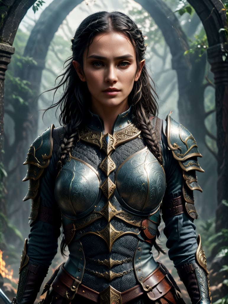 a full body image of a beautiful and rugged female Elf paladin with black braided hair pointed ears wearing mithrel lined slat armor and a longsword holstered on her back