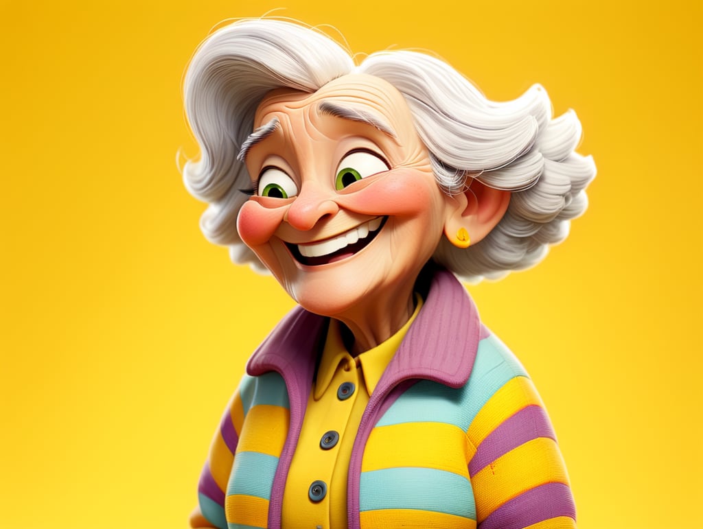 Smiling and cheerful old lady in a striped jacket on an isolated yellow background