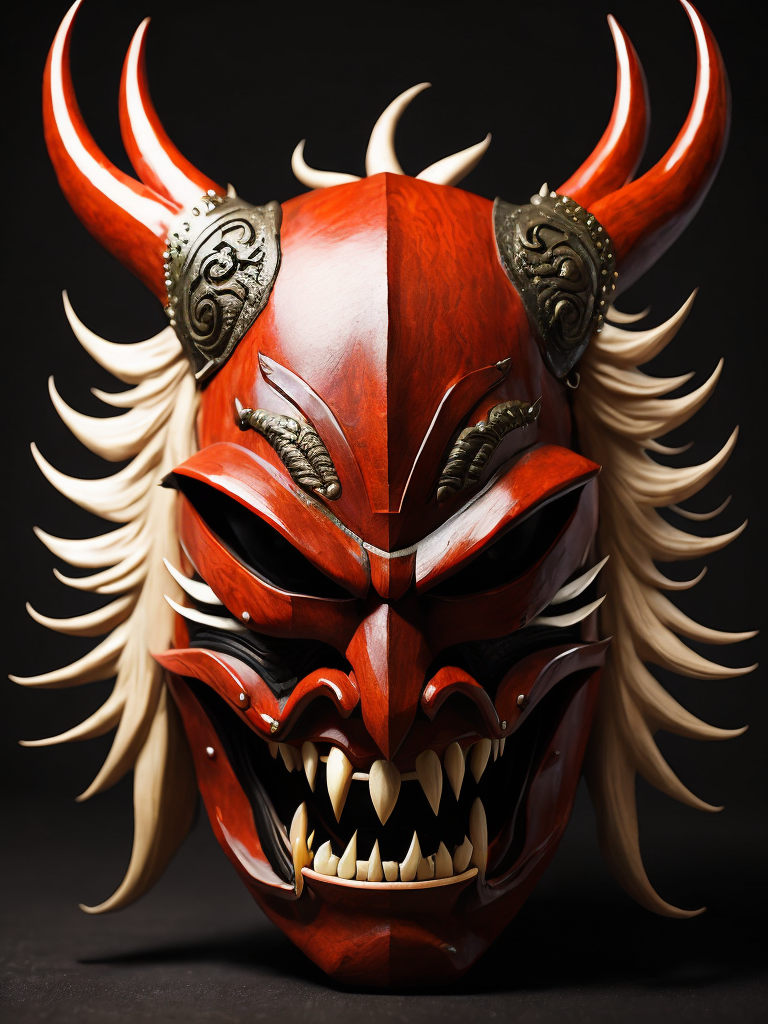 wooden red japanese demon mask with fangs and horns, black background, aggressive, Depth of field, Incredibly high detail