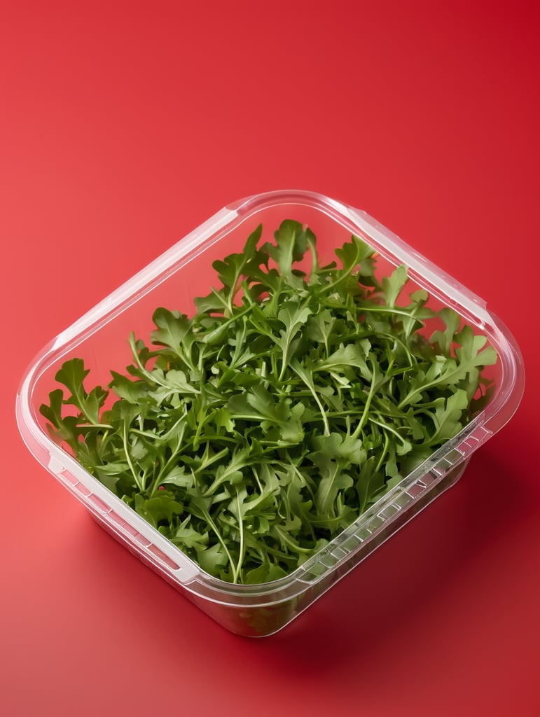 blank Transparent Plastic Container with Arugula Salad, isolated, red background, Mockup, mock up