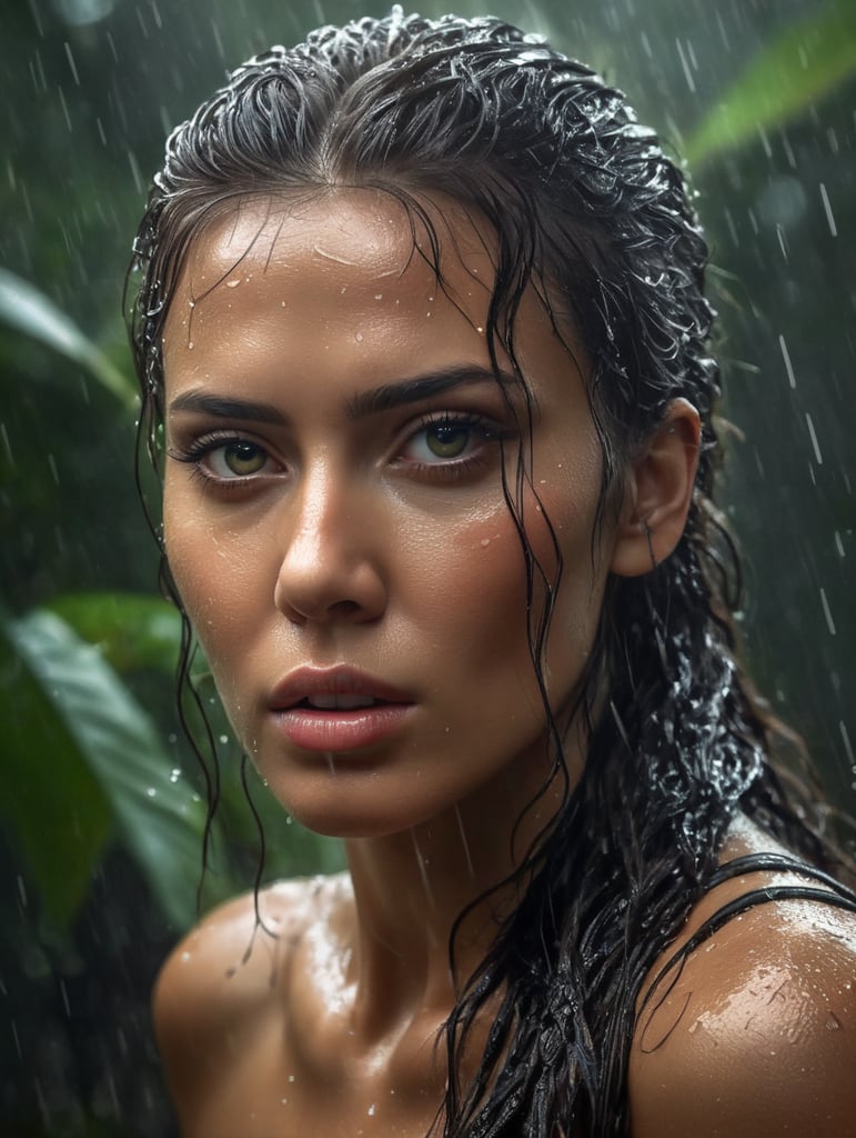 fashion model rainy photoshoot messy hair soaking wet intense expression piercing gaze athletic pose ominous tropical rain forest detailed and realistic high quality image