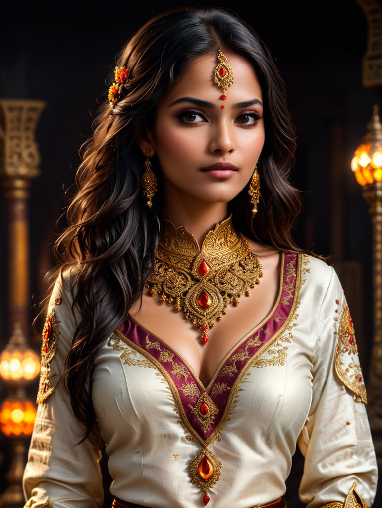 3D cartoon Disney character portrait render. A stunning Indian beauty, adorned in traditional Selvaar Kameej clothes, which accentuate her hourglass figure and graceful movements. Her long, black hair cascades down her back in gentle waves, framing her flawless, warm-toned complexion. Her piercing dark eyes seem to hold a world of wisdom and beauty, captivating the viewer instantly. She wears a sleeveless, off-white blouse with intricate embroidery at the neckline and cuffs, complemented by a pair of flowy, ankle-length pants in a rich shade of burgundy. The pants are fashioned from fine, silky material and feature intricate gold embroidery running along the hem, drawing attention to her slender legs. A thin gold belt accentuates her narrow waist, further enhancing her feminine figure. Around her head, she wears a bright orange and gold stole, draped artfully over her shoulders and cascading down her back. Jewelry adorns her ears, neck, wrists, and fingers, with a large, intricately designed gold pendant hang