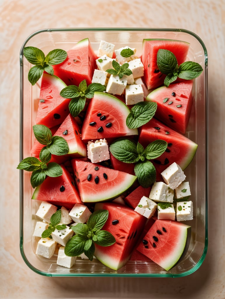 Watermelon Salad with Feta and Mint in a transparent plastic tray, top view, isolated, mockup