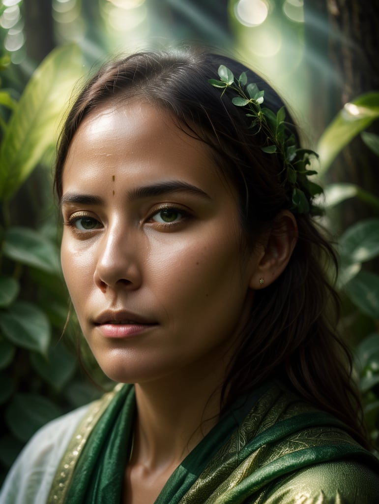 Portrait of a woman experiencing spiritual experience, wrapped green film