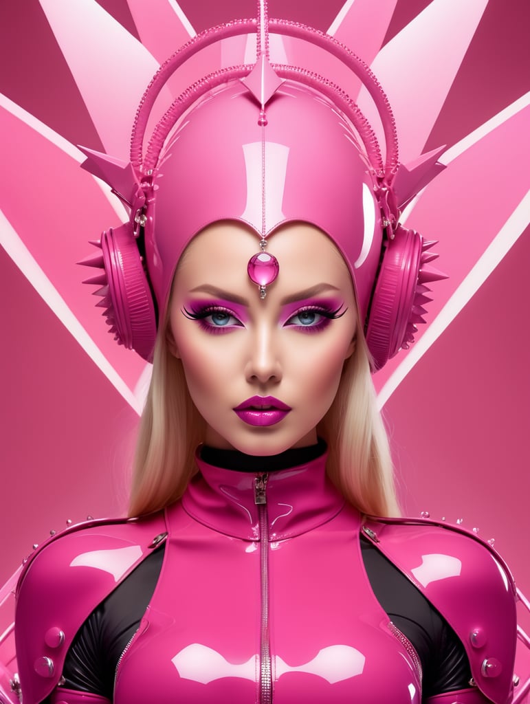A beautiful blonde female all pink sleek futuristic harness, with huge headpiece center piece, latex boots, clean makeup, with depth of field, fantastical edgy and regal themed outfit, captured in vivid colors, embodying the essence of fantasy, minimalist