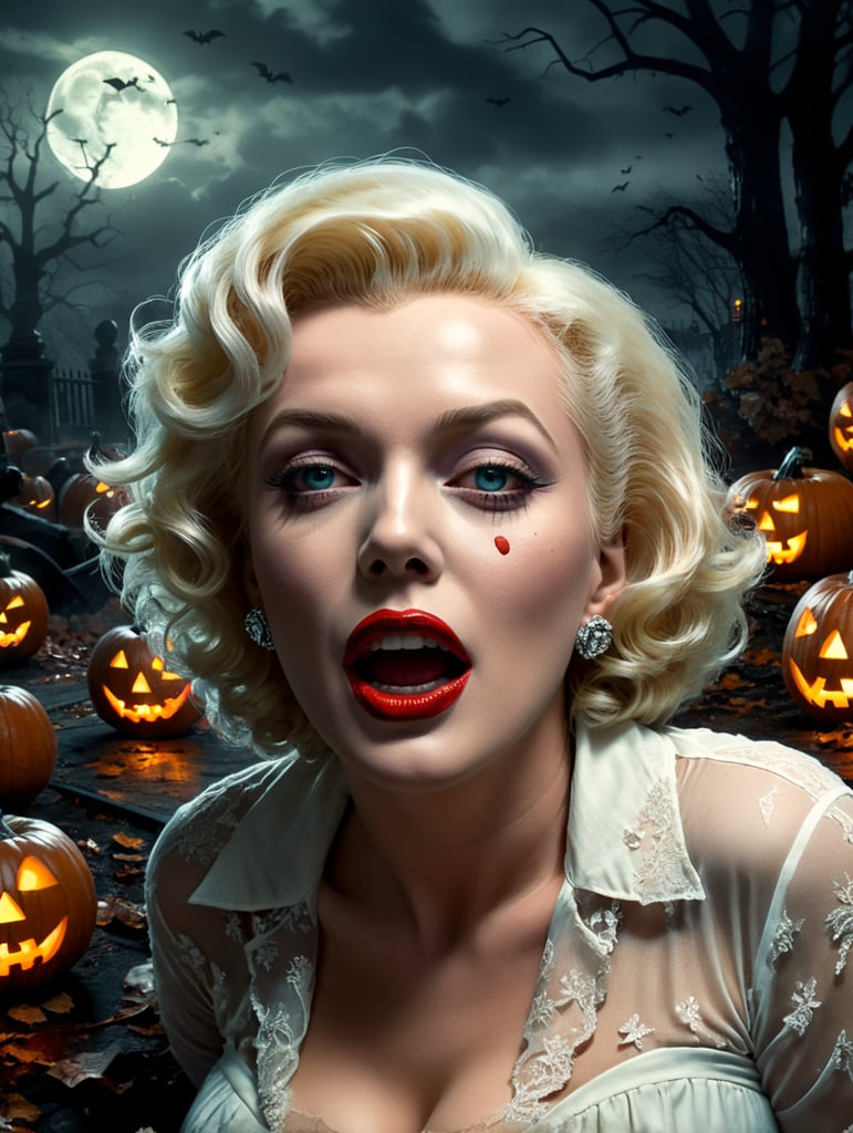 By George A. Romero, eerie Halloween night, Marilyn Monroe resurrected as a ghostly 1950s starlet, haunting old Hollywood set, surreal fear, Halloween charm, cinematic photography, action shoot, movement, epic, high definition