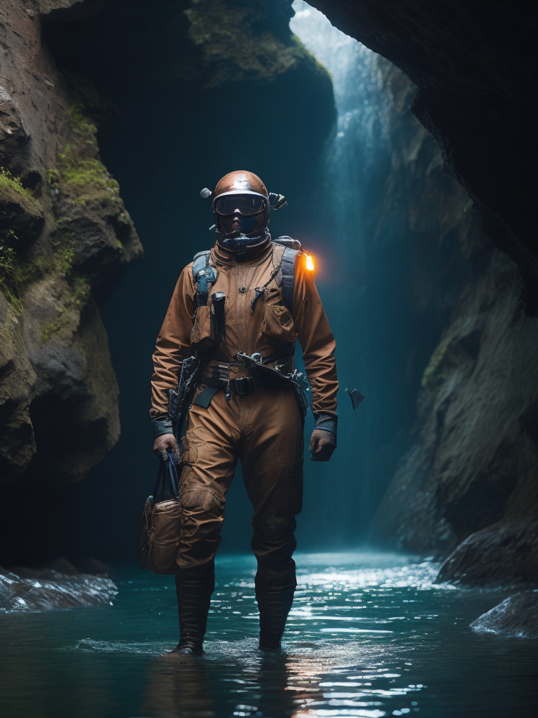 Man in a very old copper diving suit entering in the water of an underground cave river, copper, copper patina, Dramatic Lighting, Depth of field, Incredibly high detailed