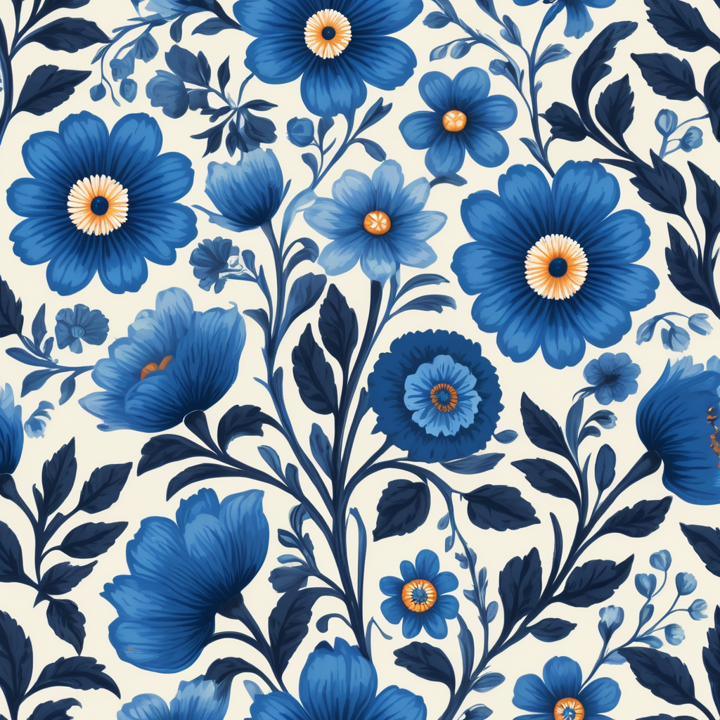 Seamless pattern beautiful floral pattern with blue flowers in the background, in the style of polish folklore motifs, juliana nan, mexican folklore - inspired, tivadar csontváry kosztka, clara peeters, texture exploration, blue color scheme, blue pallete, amoled, 264k render HD