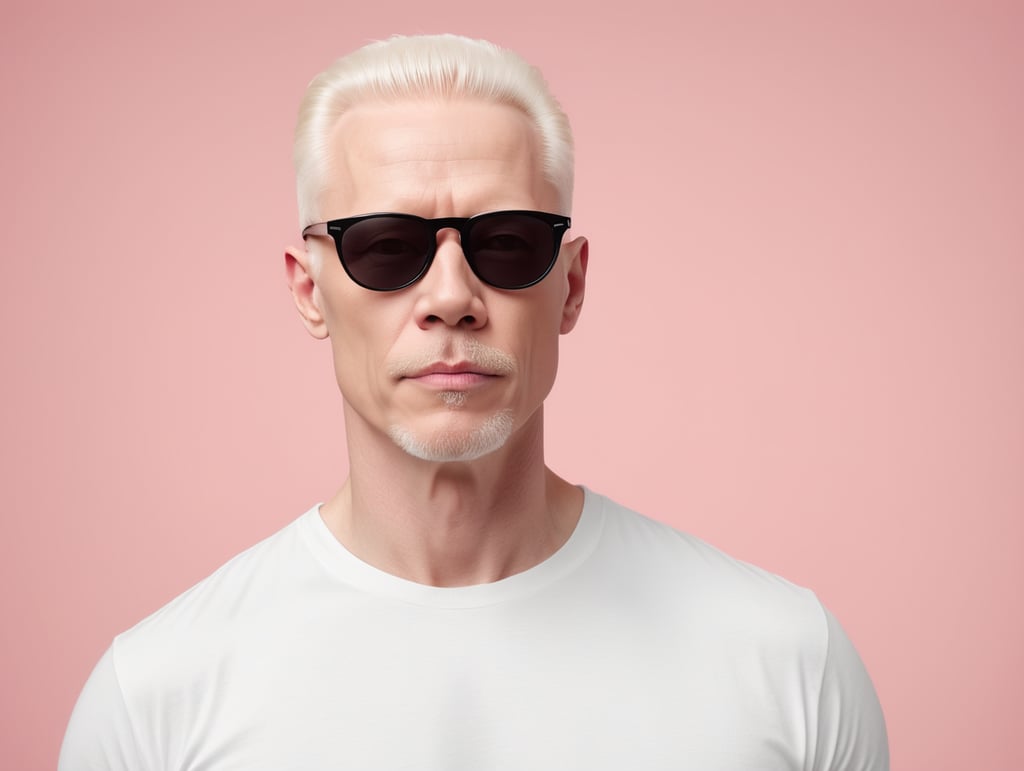 A middle-aged albino man wearing a white T-shirt, wearing black sunglasses, Contrasting studio light, isolated, pink background, mockup, mock up