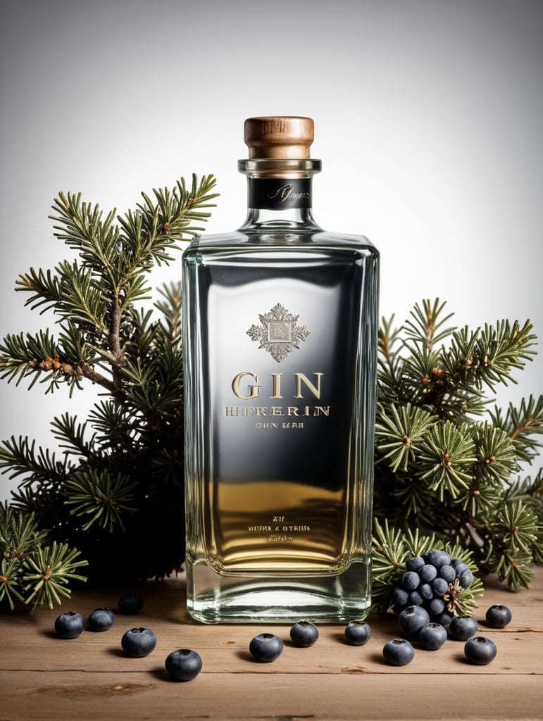 professional photography of a square gin bottle, square bottle, surrounding a juniper and juniper berries, one shot of gin in a front, no label, clear, mockup