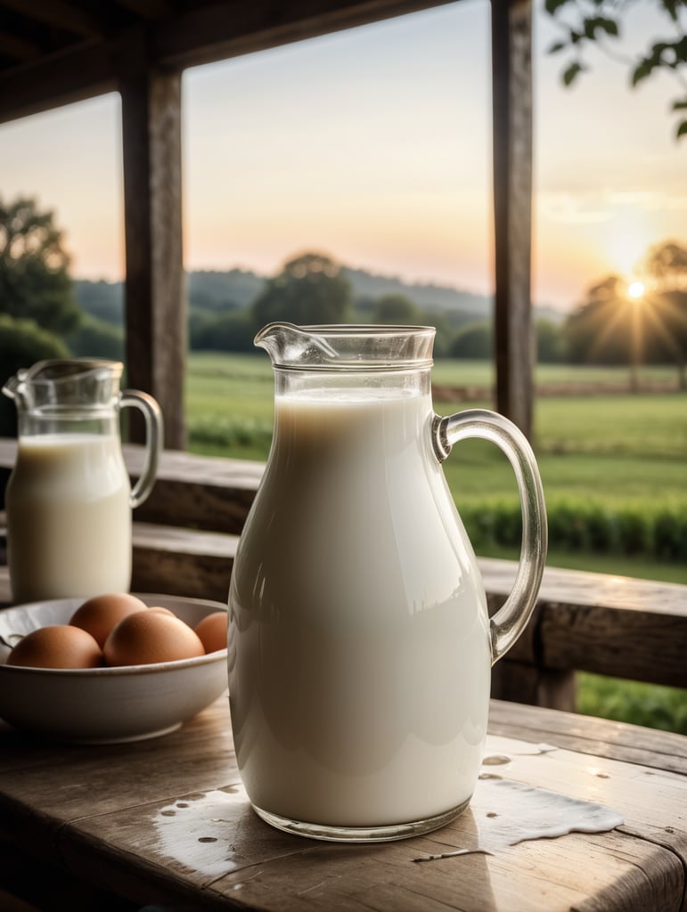 A mockup of a jug of milk, early morning, farm blurred background