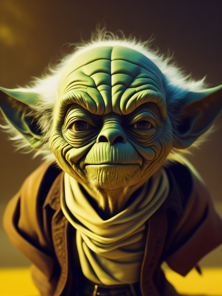 image of a Yoda in black metal corpse paint made of bright colored plastic material, like a toy, bright yellow background, brightly lit, bright and saturated colors, fun, highly detailed, fashion magazine, sharp focus, bright expressive makeup depth of field, incredibly high detailed