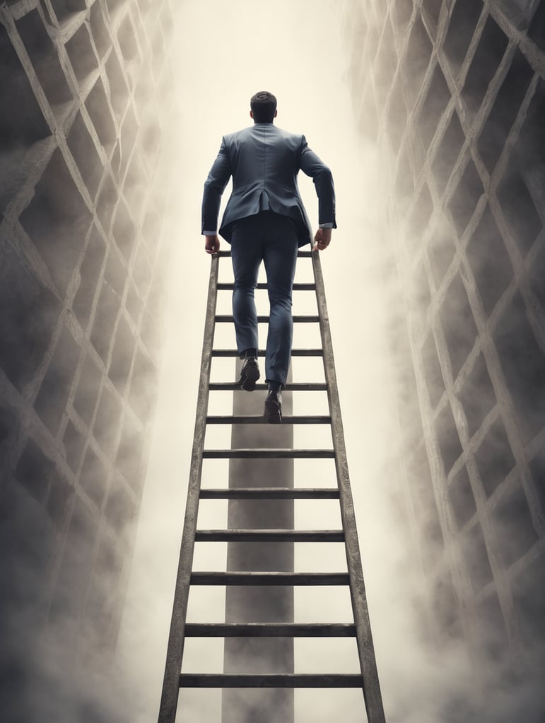 Generate an image of a man who is passionate about startups and entrepreneurship looking forward and is on a ladder to success.