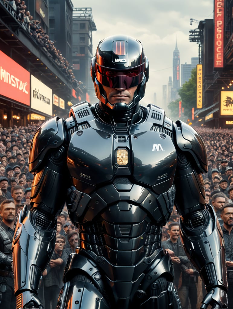 Robocop style graphic designer with mac logo, standing in front of crowd, photo realistic style