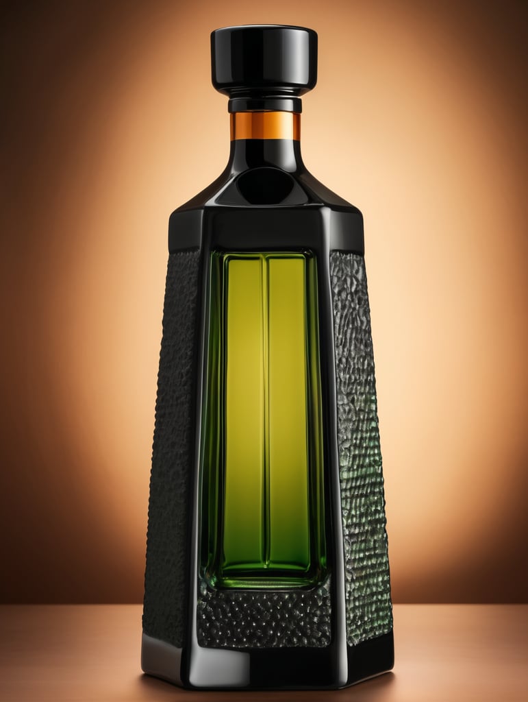 botella de tequila luxury de material ceramico negro con difuminado verde y ambar hexagonal y alta sin etiquetas, tapadera de con textura de basalto.