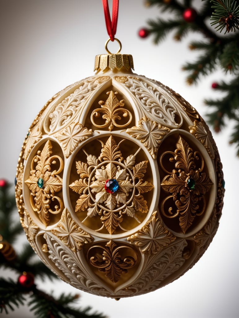 beautifully baroque hand carved ivory spherical Christmas ornament, isolate ornament, depicting a scene with angles, exquisitely master handcrafted artisanal work, very realistic and graceful design