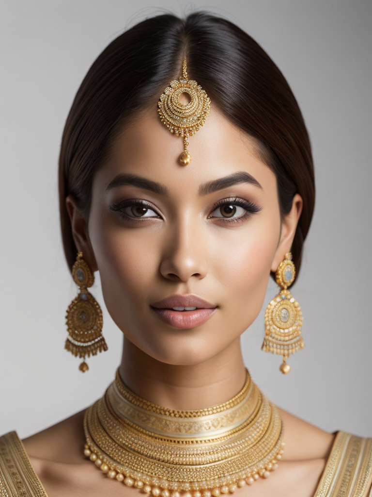 Gold jewelry, gold necklace, full view, india style, center, no neck, no pendant, bright color, white background, realistic, high resolution, highly details