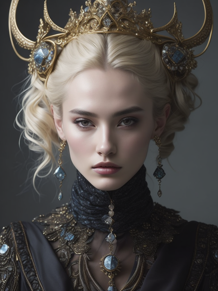 A beautiful painting featuring a young blonde woman and jewelry, in the style of zhang jingna, rinko kawauchi, baroque - inspired details, dark gold and light blue, fanciful, dreamlike imagery, hyper - realistic details, enchanting realms