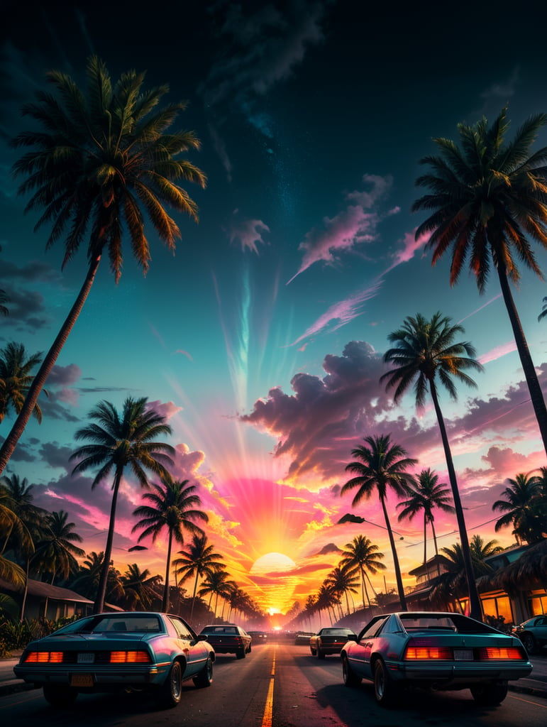 sunsets and palm trees miami vice version, 80's, palm trees on fire, retro party poster, neon vibrant colors,