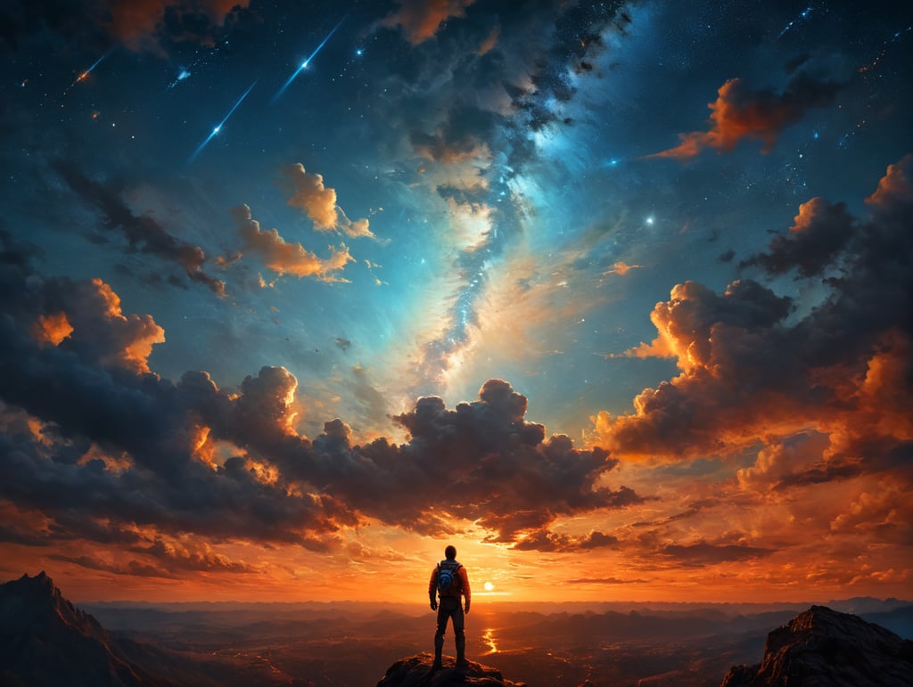 person looking at the magical orange blue sky with stars