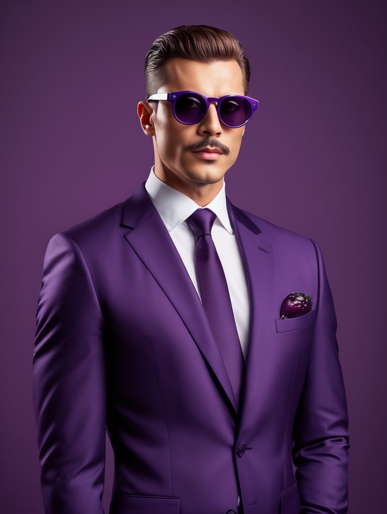 A man in a business suit with a eggplant for a head, dark purple background, sunglasses, isolated, style of James Bidgood