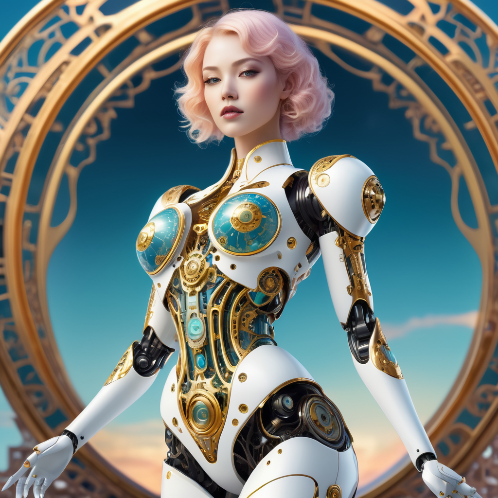 A female robot with an art Nouveau cyberpunk aesthetic, body is made from a delicate mechanical ornamental exterior reminiscent of a delicate gleaming porcelain and gold trimmed filigree should reveal a hollow see through body, hyper-surrealistic detailed 3d rendering digital art style, background galaxy sky