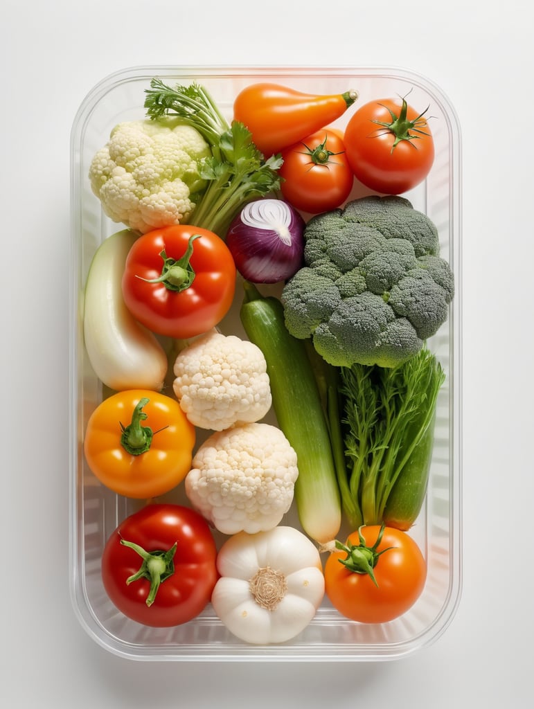 vegetables in a transparent plastic tray, top view, isolated, mockup