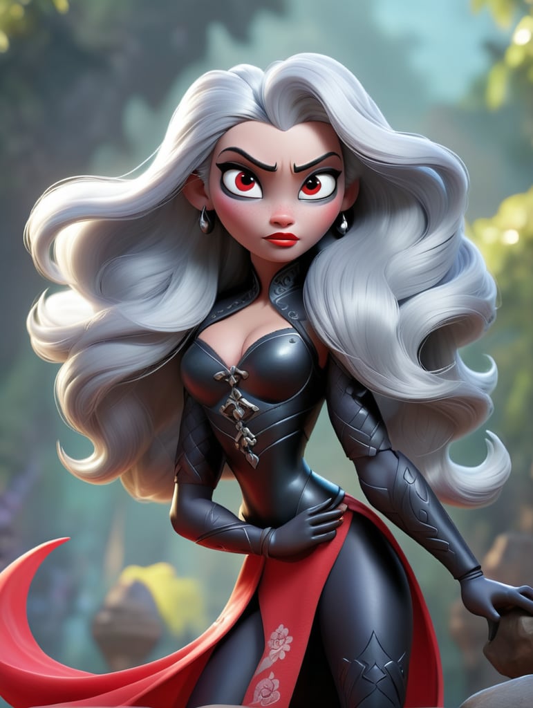 A female drow character with an extremely dark, obsidian black complexion and a muscular fitness physique, in a square format. Her skin is polished obsidian-like, emphasizing her muscular build. Her long, silver hair creates a vivid contrast. Her eyes are vibrant, glowing red. She's adorned in a sleek, black high-slit cheongsam dress with yellow pattern throughout, showcasing her strength and body curves in a detailed, full-body view. The background is a mystical realm with glowing symbols and an underground cavern hint. Her confident, dominant pose highlights her formidable character.