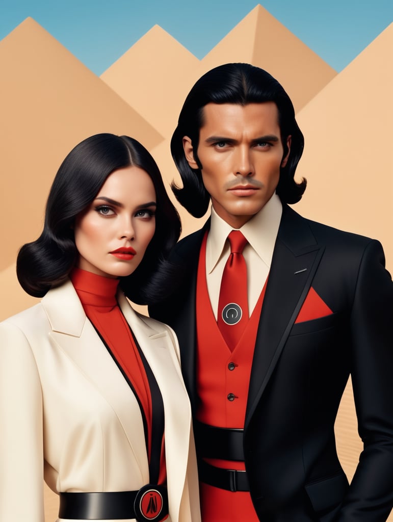 female and male fashion models 70's fashion portrait cover magazine "vogue" luxury vintage retro future sharp theme color wes anderson style Portrait of a woman with black hair, style of star wars giorgio armani suit hugo boss style, black red black sun symbol
