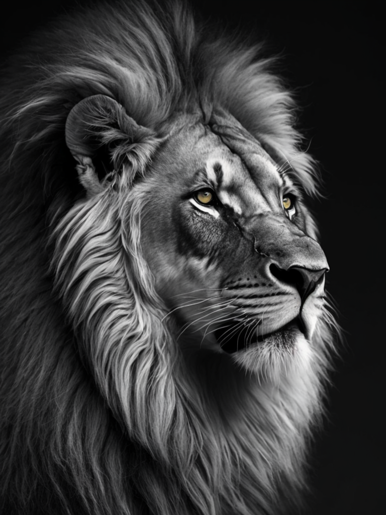 photo of a lion in black and white style, sharped, detailed
