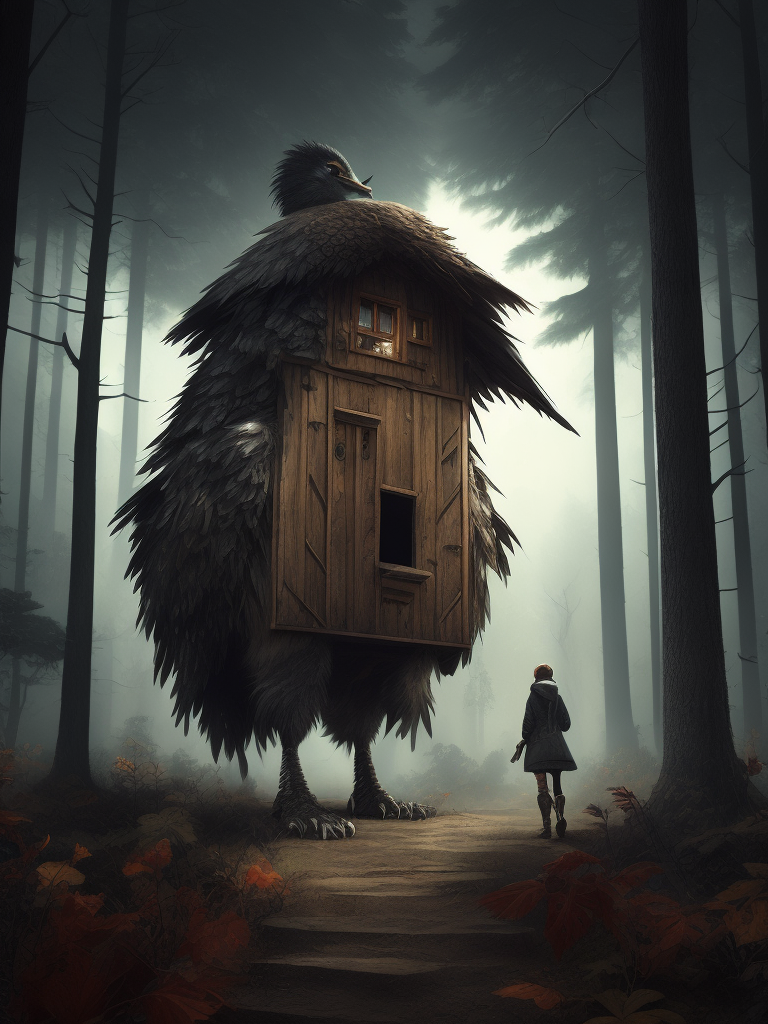 giant ugly bird legs holding up a biomorphic wood shack as artwork by Tsutomu Nihei:: evil dangerous menacing heraldic Baba Yaga and her biomorphic chicken-legged hut running through a forest, pen and ink drawing by Tsutomu Nihei