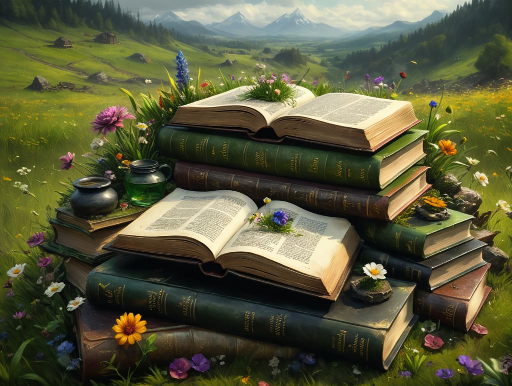 steine und blumen wachsen aus vielen büchern, unordentlich, grüne wiese im hintergrund, tintenfass und schreibfeder