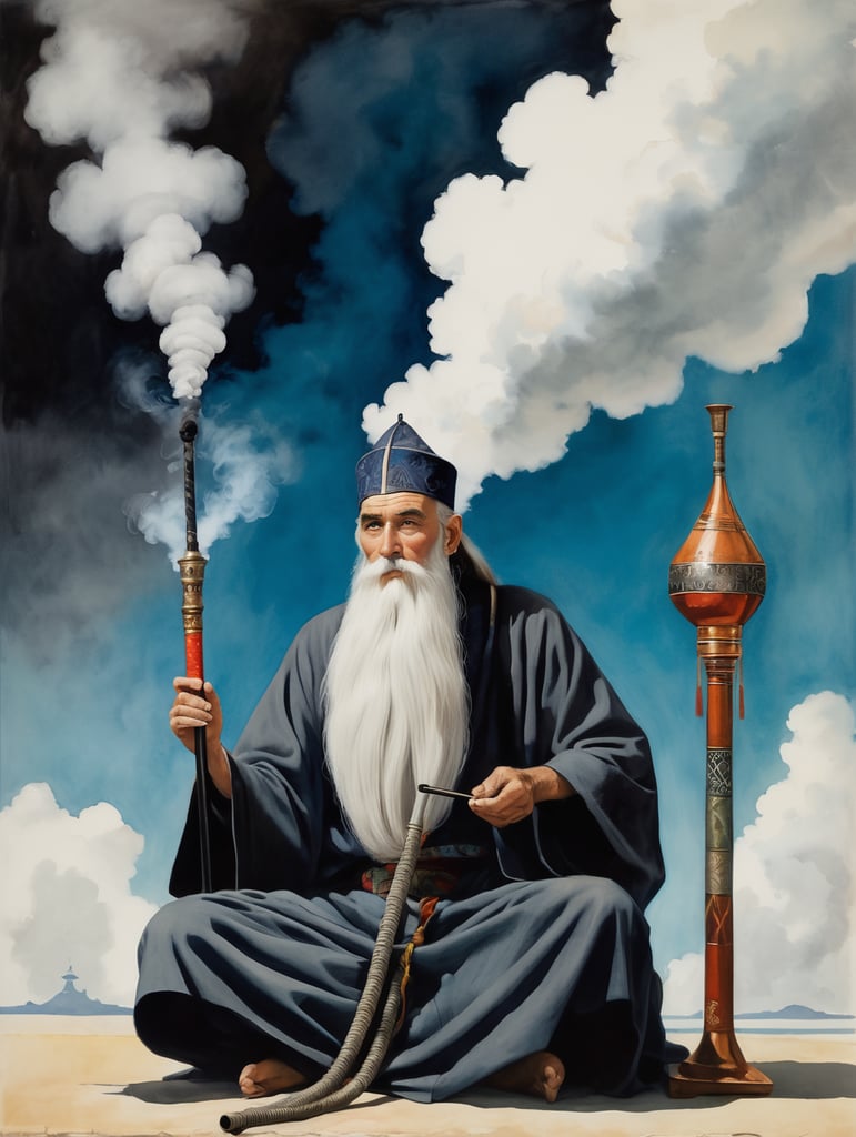 old wizard with a long beard sitting cross-legged, smoking a large hookah pipe with a huge cloud of smoke above him, 0Il lustration, Painting, Oil, Watercolor, Portrait, USA, style of Will Barnet