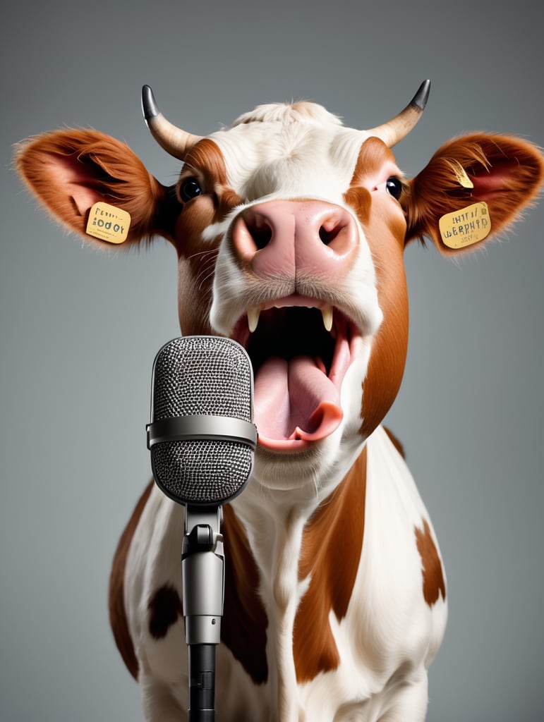 lose-up portraits, laughing hysterical cow with a recording microphone, simple background, clear focus, studio photography, by Leibovitz