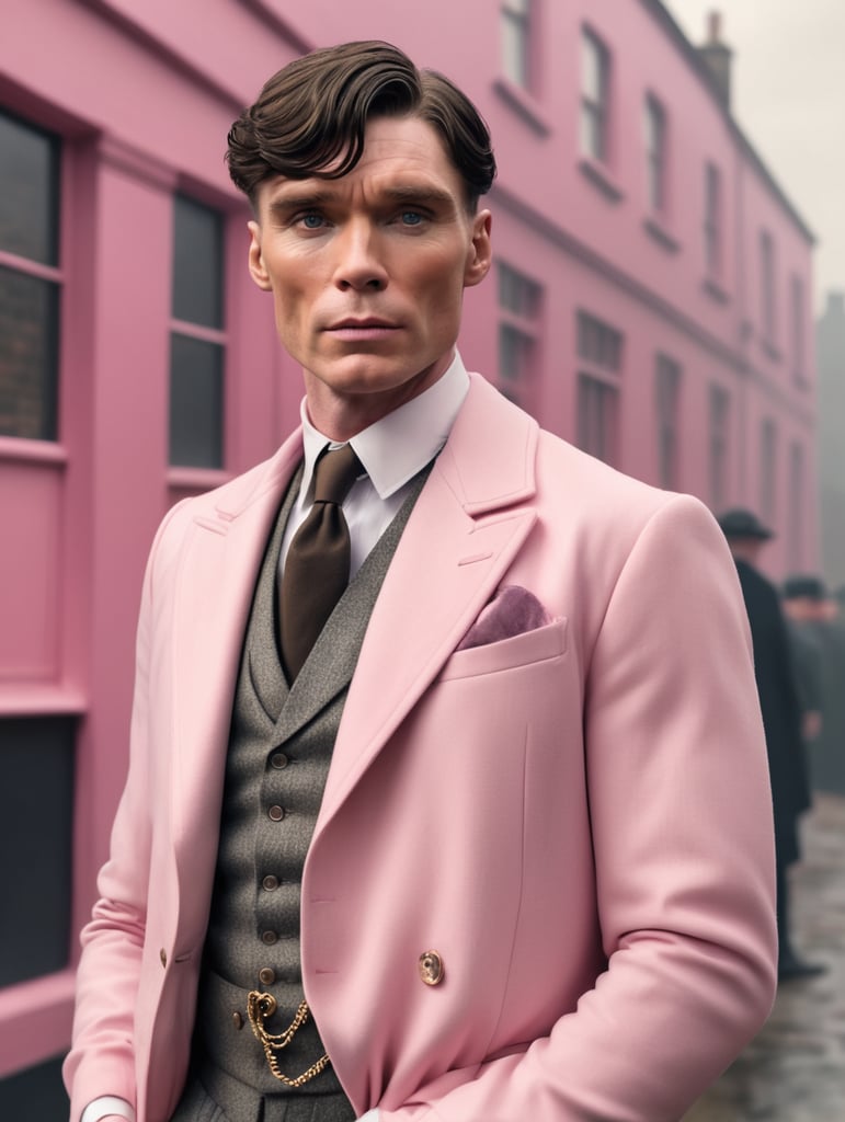 Cillian Murphy as a character from the tv show "peaky blinders", wearing clear pink clothes, realistic, medium shot, peaky blinders style background