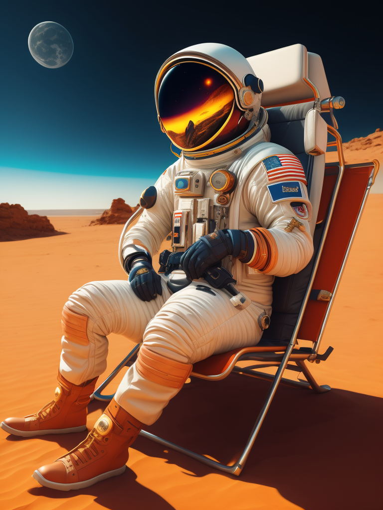 An astronaut resting on mars in a beach chair, vibrant lighting, highly detailed, sharp focus, full body, cinematic