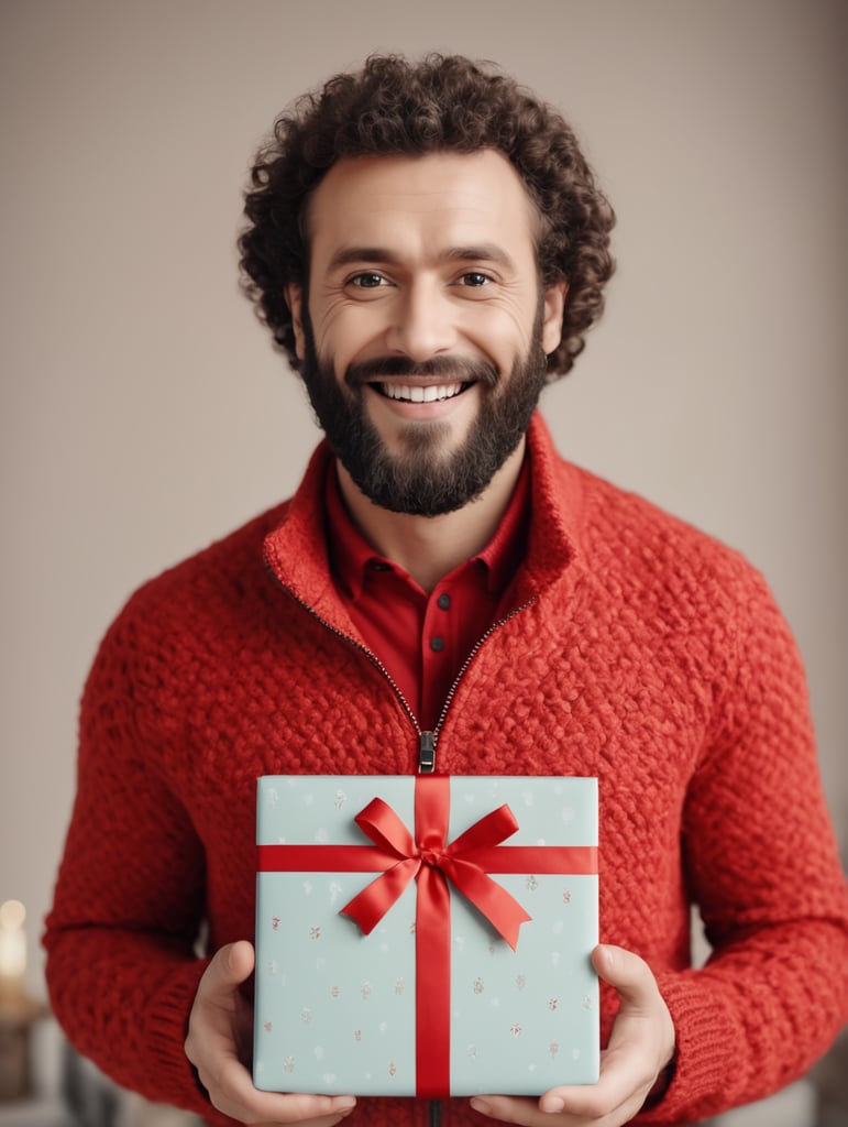 portrait of a bearded curly man wearing red knitted jacket, stands front camera with gift box his hand, happy birthday images, spring time